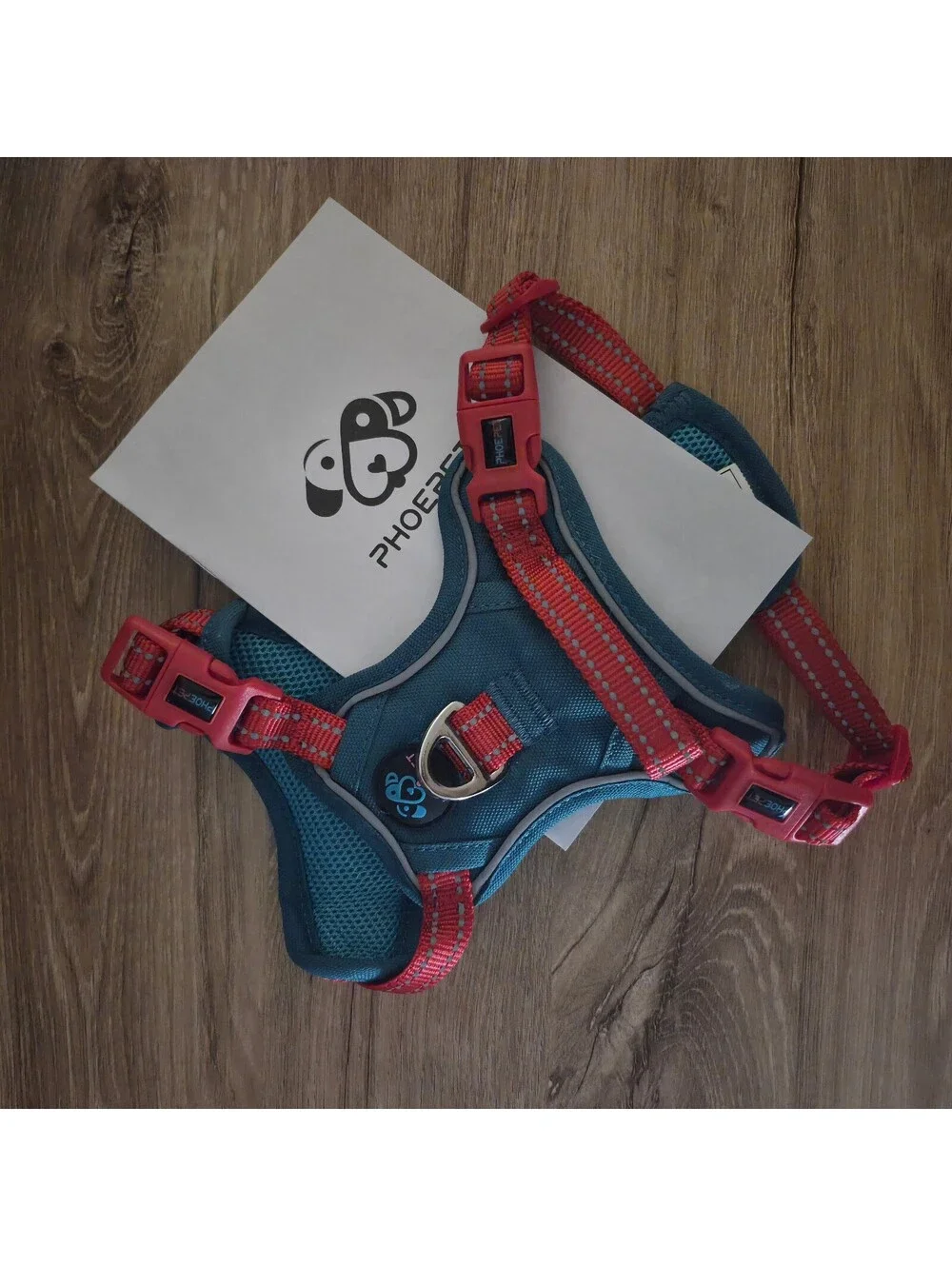 PHOEPET XS Dog Harness with Red Adjustable Straps and Teal Mesh Padding